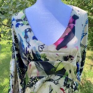 Adele Fado Silk Dress Medium Multicolor Print Draped Sleeves